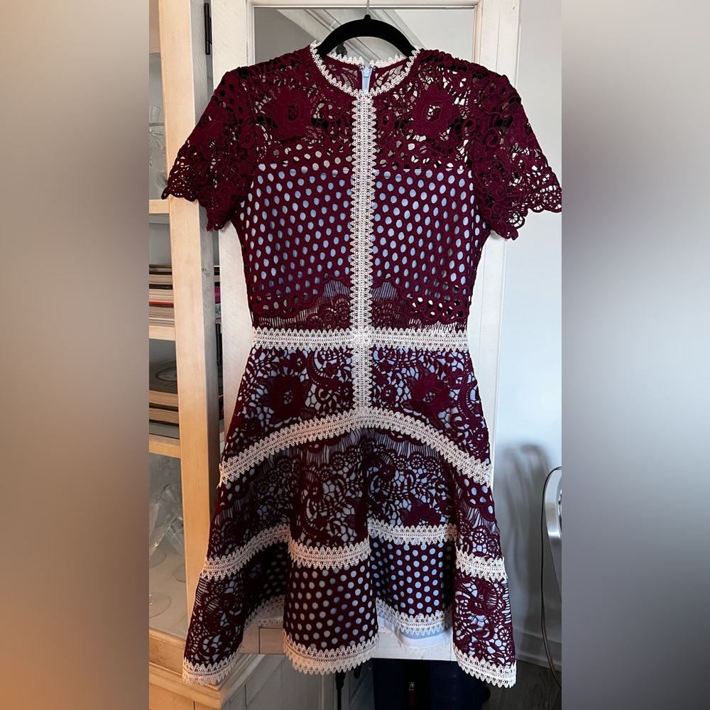 Alexis Burgundy and White Lace-Trim Mini Dress